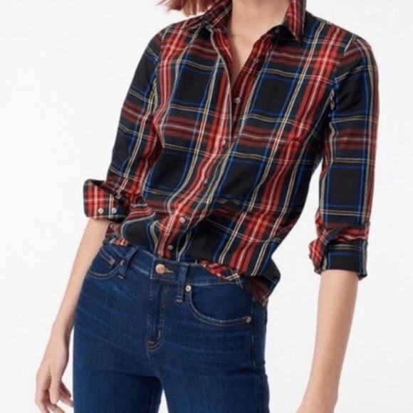 J. Crew Women's Slim Stretch Perfect Shirt in Black Stewart Tartan Plaid Size 2 - Picture 9 of 13